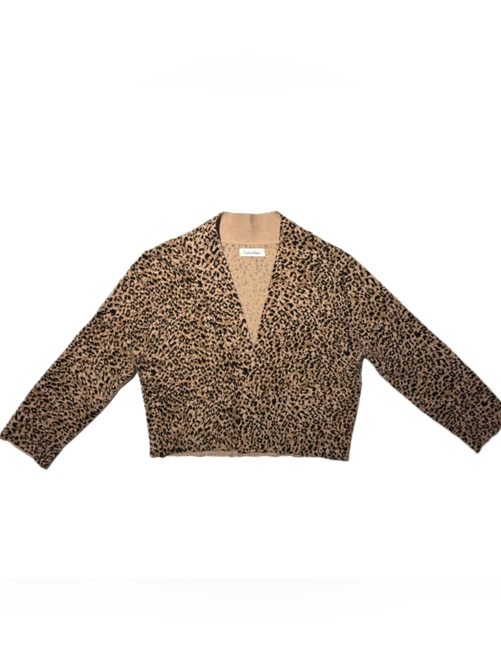 Calvin Klein Leopard Print Cropped Knit Cardigan Sweater M